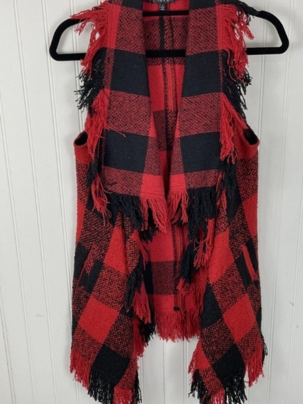 TCEC Red and Black Buffalo Plaid Fringe Open Vest